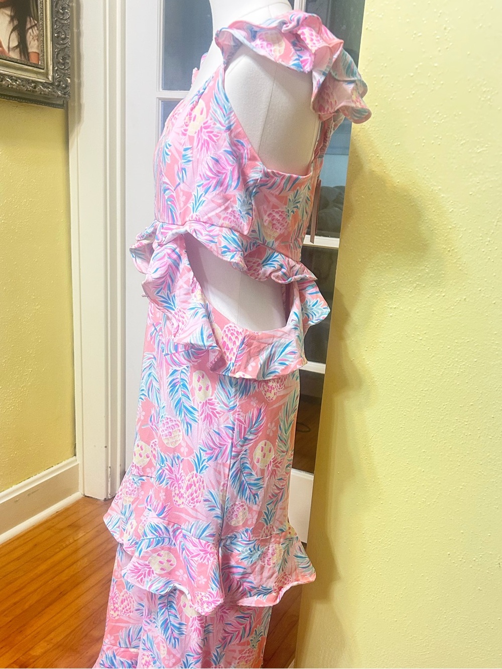 Simply Southern Pink Tropical Print Dress with Blue and Coral Accents - Picture 2 of 6